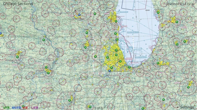 Chicago sectional chart with flight-category dots