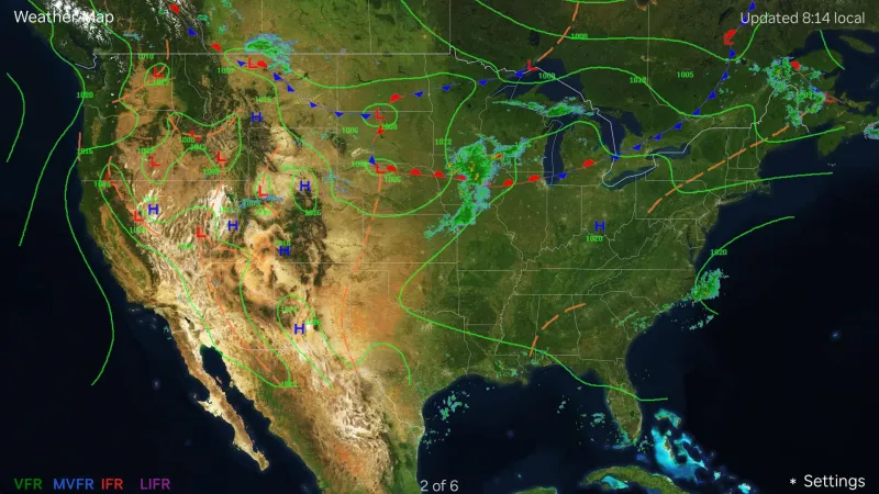 Weather map: radar and surface fronts over a satellite view of the United States